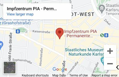 Impfzentrum Karlsruhe small map PIA Impfzentrum Karlsruhe dargestellt auf einer Karte